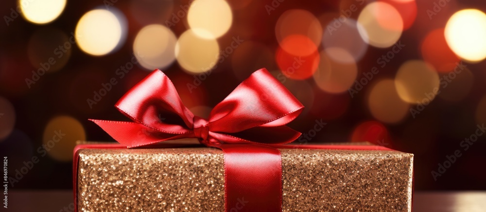 Poster Close-up view of a vibrant red bow adorning a luxurious gold gift box, creating a festive and elegant look. with copy space image. Place for adding text or design