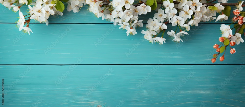 Poster blooming white flowers on a tree branch captured in a close-up shot, showcasing the beauty of spring