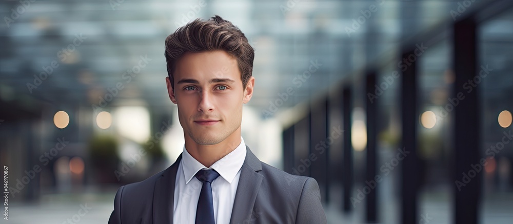 Aufkleber Professional male in corporate attire surrounded by a dynamic office setting. with copy space image. Place for adding text or design