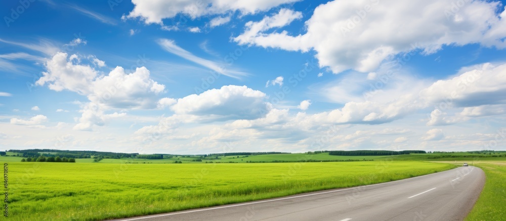 Aufkleber Scenic view of an open road paved with asphalt running through a vibrant green field against a backdrop of fluffy clouds in the blue summer sky. with copy space image. Place for adding text or design