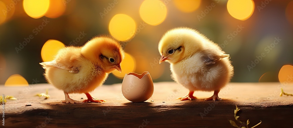 Poster A pair of little chickens standing next to an egg on a tabletop. with copy space image. Place for adding text or design