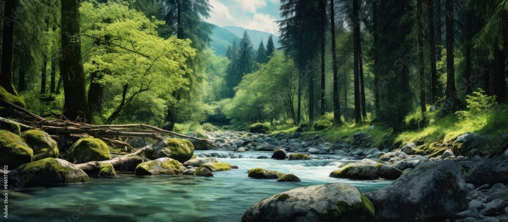 Poster river cascading through a scenic wooded area, surrounded by rocks and lush trees. with copy space im