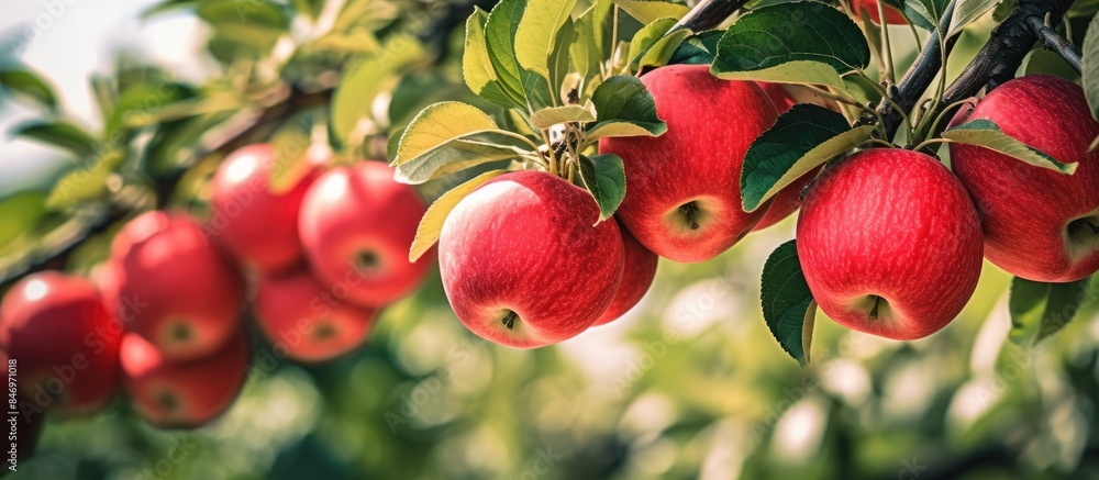 Aufkleber red apples hang from the tree branches, glistening in the warm sunlight on a beautiful day. with cop