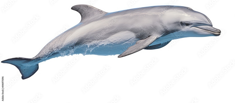 Poster Risso's Dolphin (Grampus griseus) performing a graceful aerial maneuver in a studio setting with a plain white background. with copy space image. Place for adding text or design