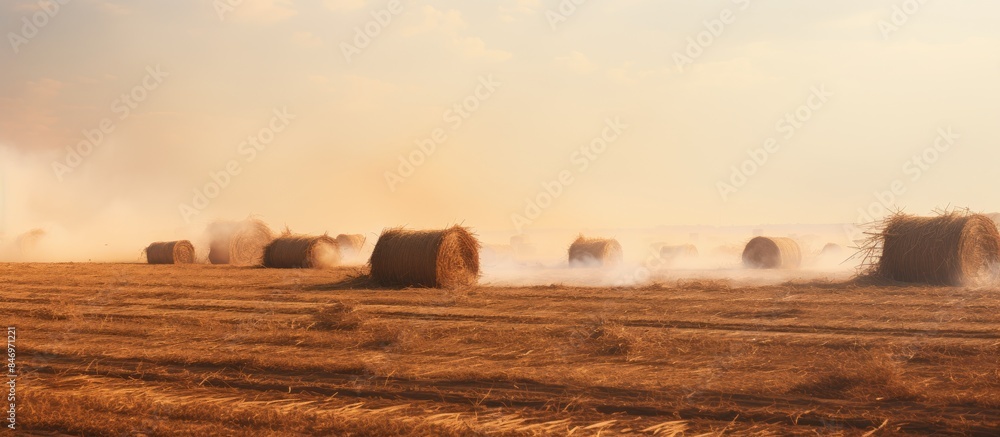 Poster truck with large wheel driving on dusty road beside burning fire in a field, creating smoky air. wit