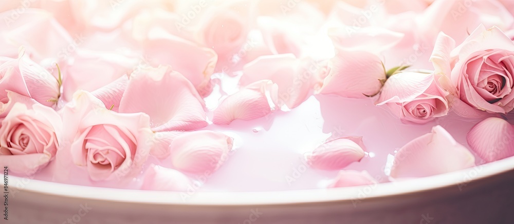 Leinwandbilder pink roses submerged in a bowl of water with delicate petals resting in a bath of milk, creating a s