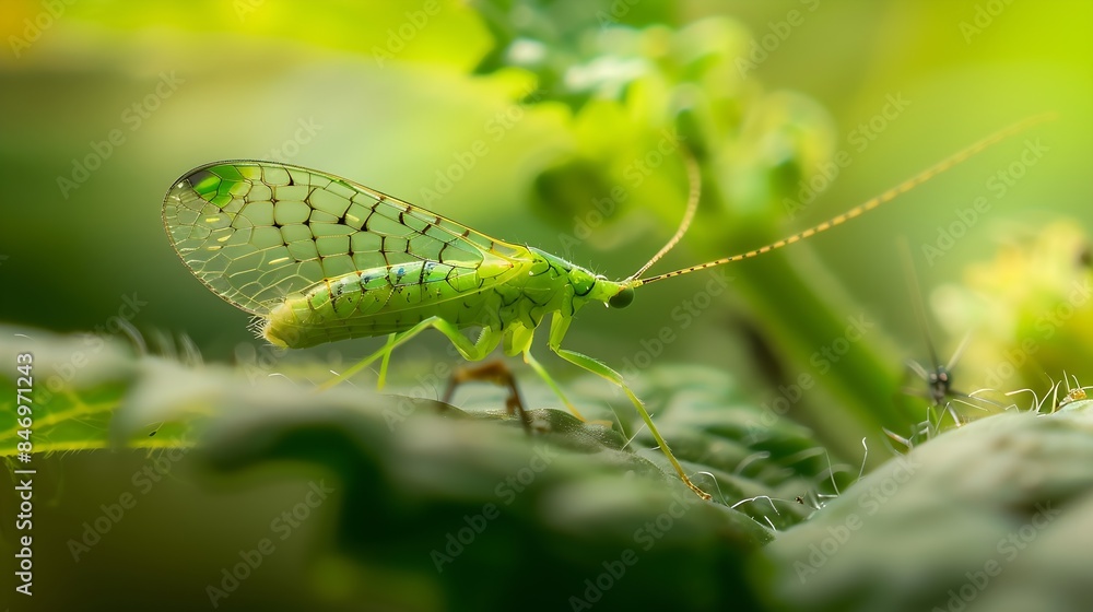 Poster Green Lacewing Chrysopa perla hunting for aphids It is an insect in the Chrysopidae family The larvae are active predators and feed on aphids and other small insects : Generative AI