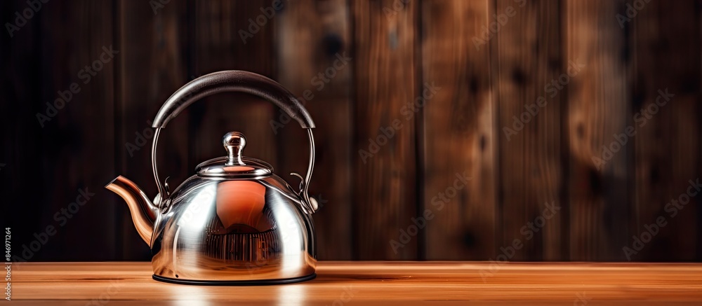 Aufkleber Shiny tea kettle placed on a wooden table with a dark backdrop creating a contrast. with copy space image. Place for adding text or design