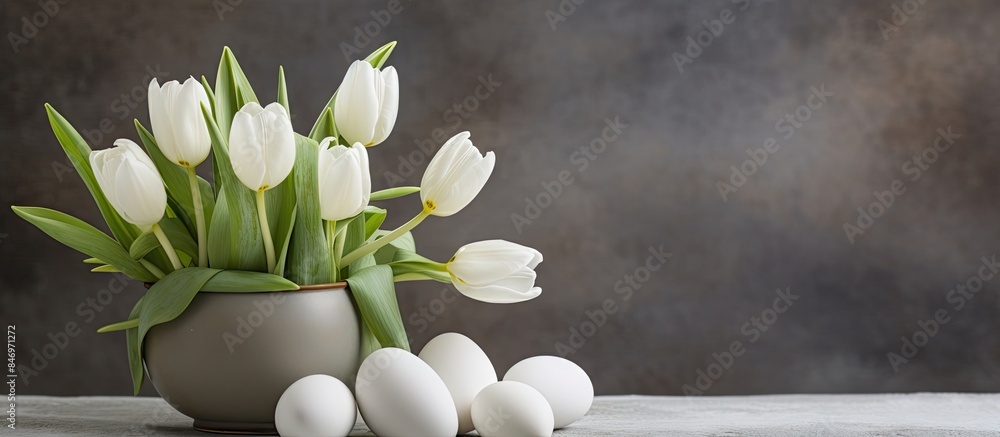 Leinwandbilder White eggs and a vase of white tulips placed on a table, creating a simple and elegant Easter table decoration. with copy space image. Place for adding text or design