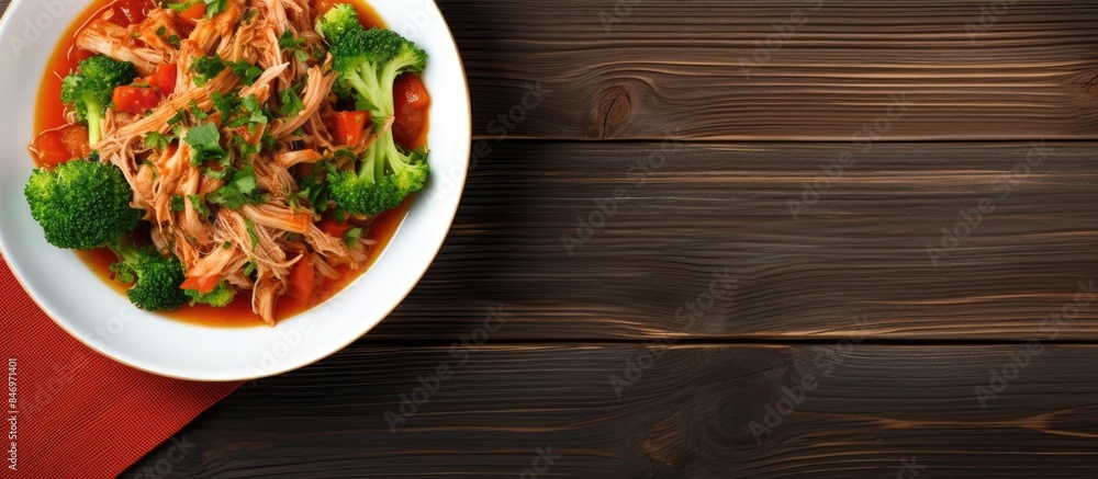 Aufkleber Close-up view of a white bowl filled with a mix of broccoli and tomatoes, creating a nutritious and colorful meal. with copy space image. Place for adding text or design