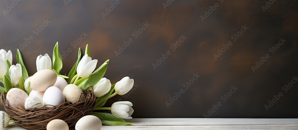 Poster a simple arrangement of eggs and tulips laid out on a wooden table for easter decoration. with copy 