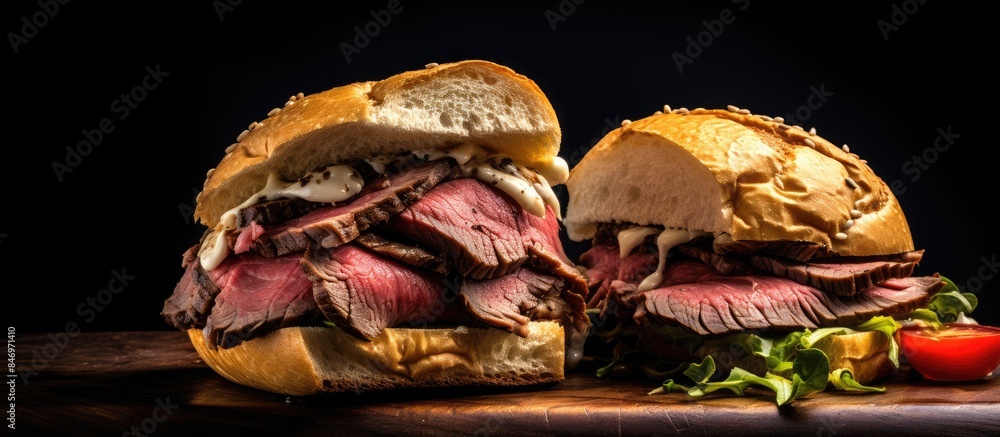 Leinwandbilder a detailed view showcasing a delicious roast beef sandwich presented on a wooden cutting board with 