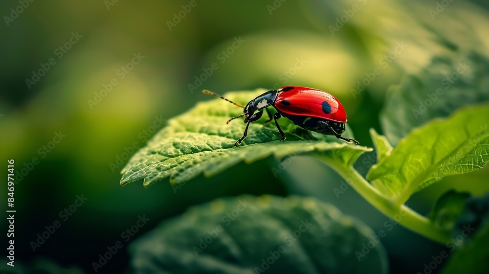 Poster natural closeup on the red firebug pyrrhocoris apterus sitting on a leaf in the garden : generative 