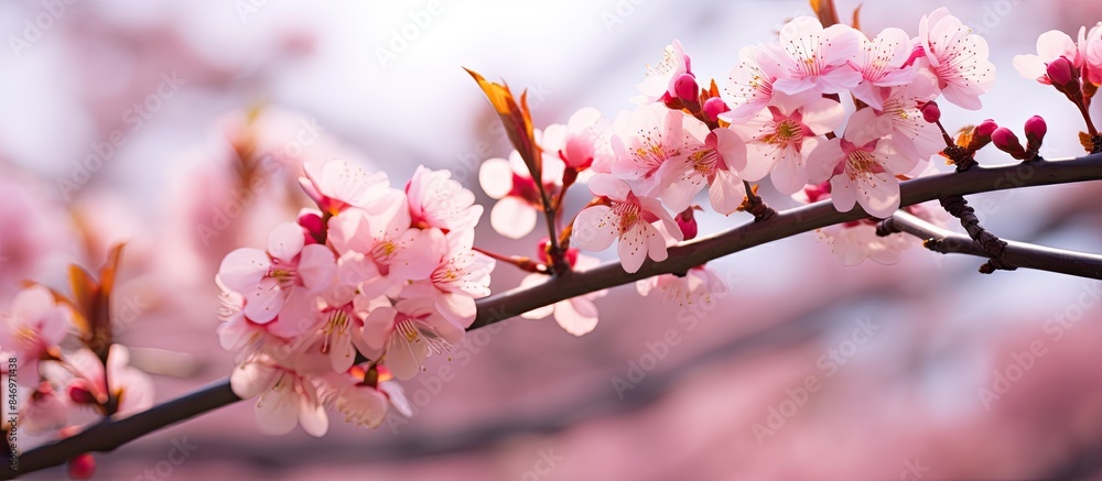 Fototapete a tree branch filled with beautiful pink flowers, creating a picturesque scene at okamoto park. with
