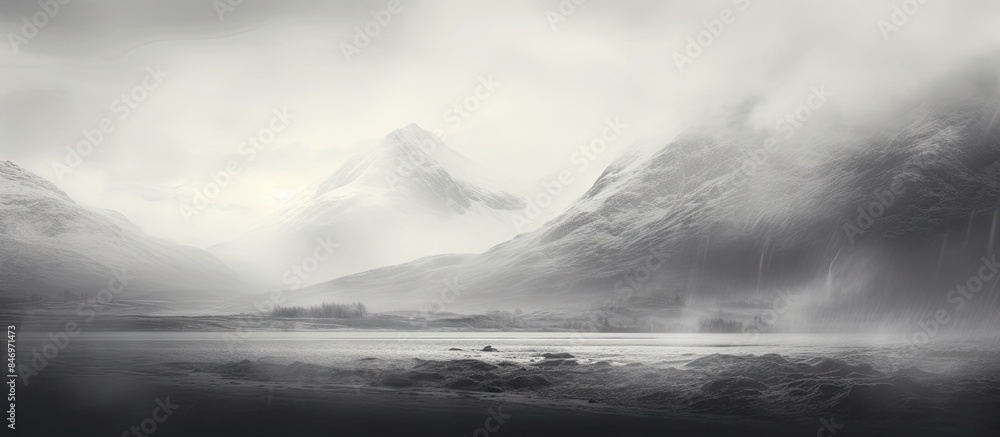 Poster Snow-covered mountains enveloped by mist and snow with a serene lake in the foreground. with copy space image. Place for adding text or design