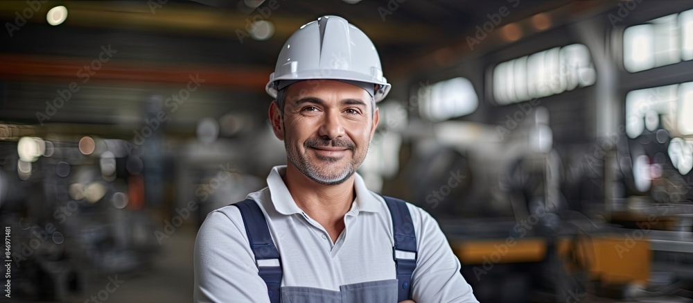 Poster professional hispanic male engineer wearing a white hard hat and work attire, standing confidently i