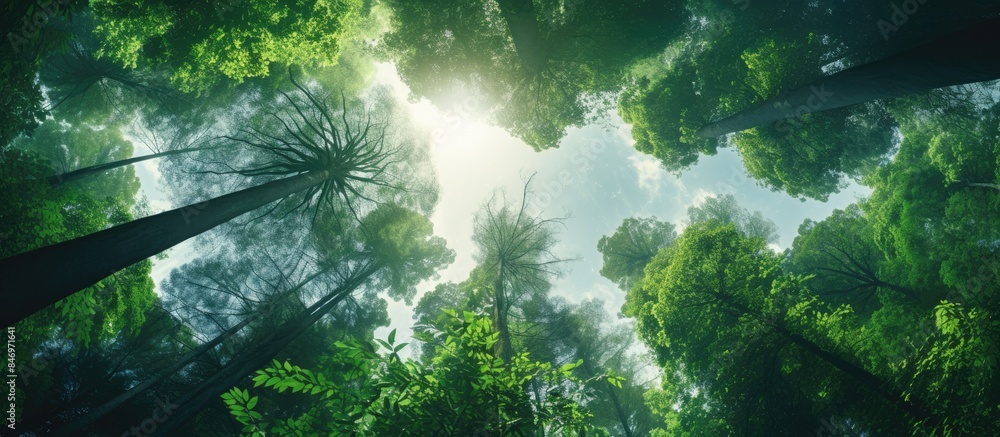 Aufkleber Tall forest trees illuminated by sunlight filtering through the canopy, creating a serene natural scene. with copy space image. Place for adding text or design