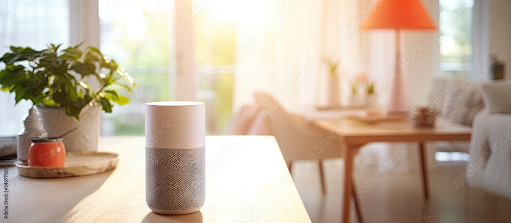 Poster Smart home assistant device placed on a table in a room, ready to be used for seamless automation and convenience. with copy space image. Place for adding text or design