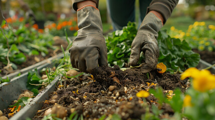 Fototapeta premium Working in a community garden. compost full of microorganisms.Gardening and agriculture concept.