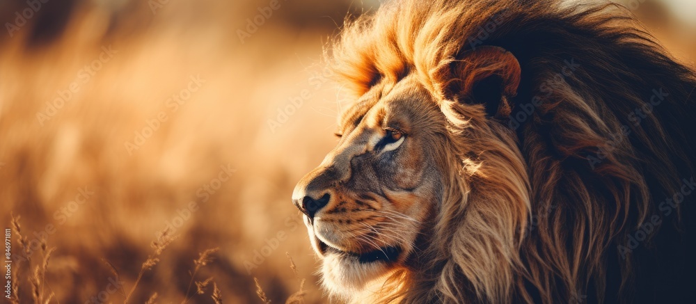 Poster large lion with a majestic mane in its natural habitat of a lush, green grassy field. with copy spac