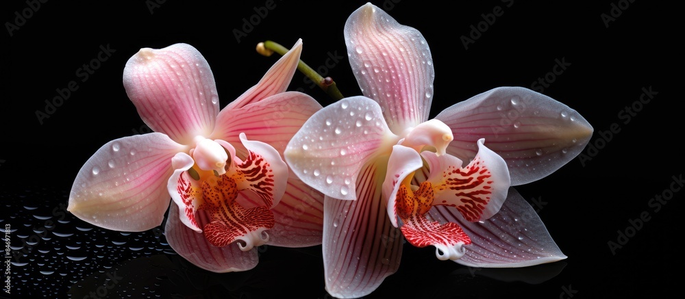 Fototapete Two delicate pink orchids covered with small water droplets displayed on a black backdrop. with copy space image. Place for adding text or design