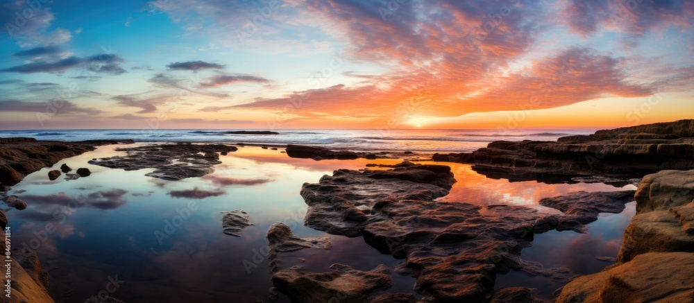 Aufkleber The sun sets over the ocean, casting a beautiful reflection on the tidepool rocks and water below. with copy space image. Place for adding text or design