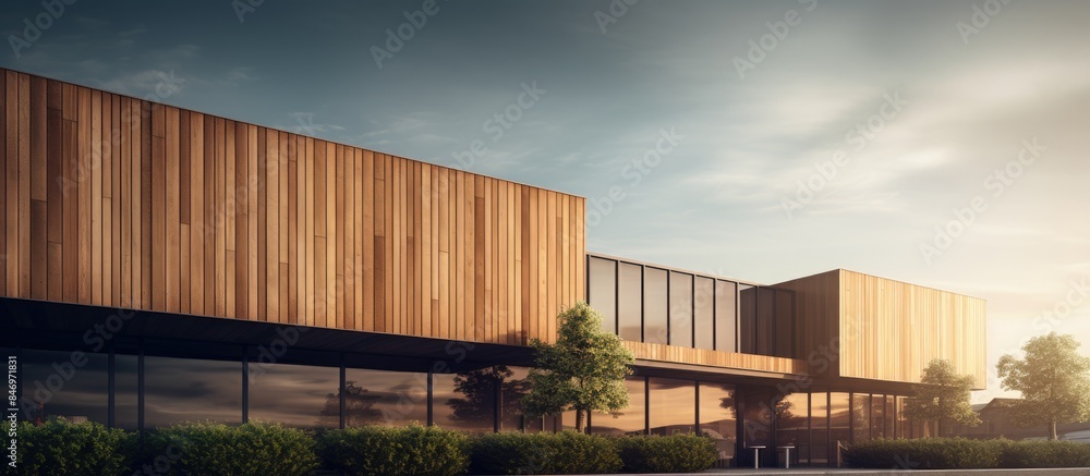 Poster A contemporary building with a sleek design displaying a beautiful wooden facade. with copy space image. Place for adding text or design