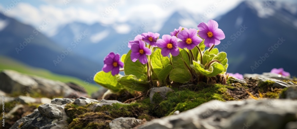 Poster primula hirsuta, the stinking primrose, an alpine endemic, blooms among mountain rocks. with copy sp