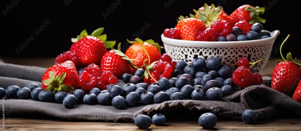 Aufkleber fresh strawberries and blueberries arranged in a bowl on a wooden table. with copy space image. plac