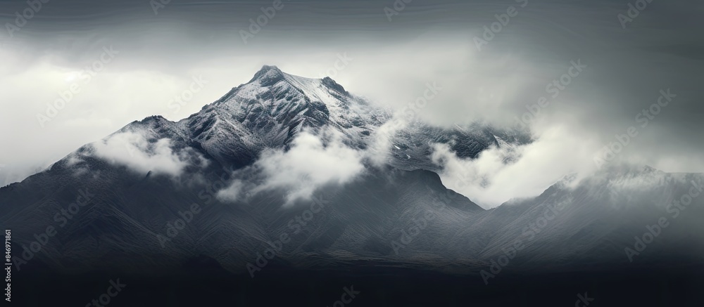 Aufkleber a solitary aircraft flies through low-hanging clouds over mist-covered mountains creating a dramatic