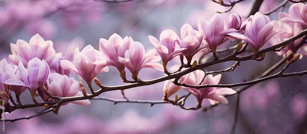 Poster Pink blossoms in full bloom on a tree branch. with copy space image. Place for adding text or design