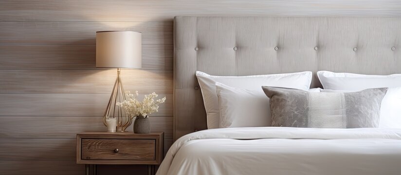 Elegant matrimonial double bed in a modern bedroom highlighted by a closeup of a nightstand lamp, creating a comfortable and stylish interior design. with copy space image