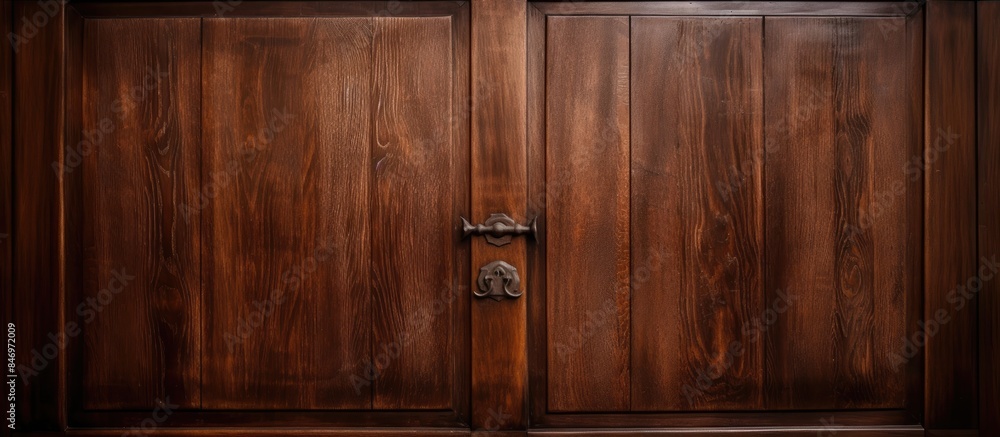 Aufkleber Close-up view of a wooden door featuring a handle, designed with a rich brown wood grain color. with copy space image. Place for adding text or design