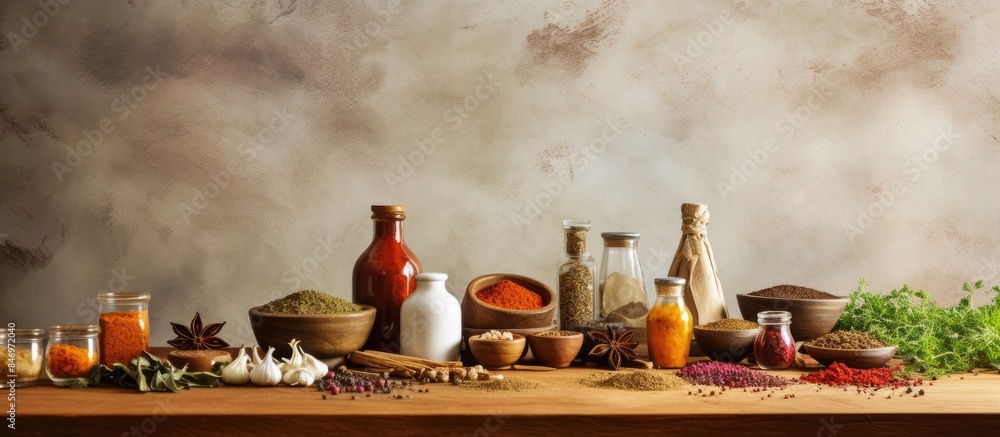Aufkleber Assorted collection of different spices and herbs neatly displayed on a tabletop. with copy space image. Place for adding text or design
