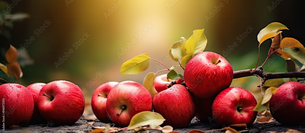 Poster Red apples are seen nestled on a tree branch, set against a backdrop of vibrant autumn foliage. with copy space image. Place for adding text or design
