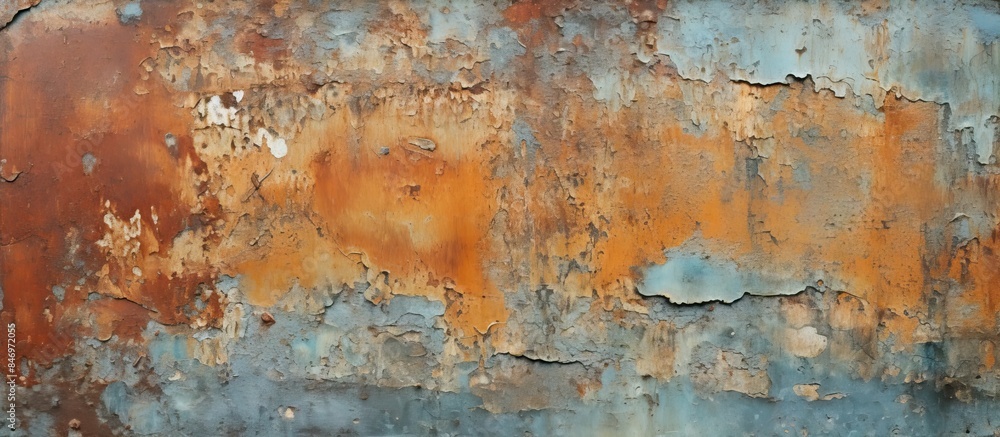 Poster Close-up of a weathered metal wall with rust and cracked paint alongside a white fire hydrant. with copy space image. Place for adding text or design