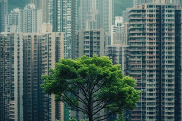 Obraz premium A solitary tree standing in front of a urban landscape, suitable for use in images about nature and architecture