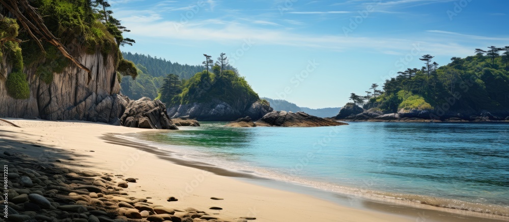 Poster Hidden shoreline at the conclusion of the Otter trail, featuring rocks, water, and a cliff in tranquil seclusion. with copy space image. Place for adding text or design