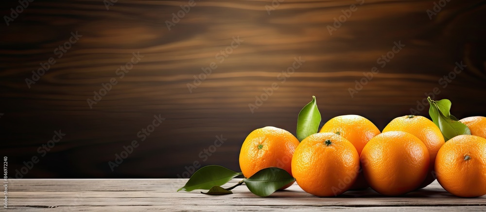 Poster oranges placed on a rustic wooden table, showcasing their vibrant color and natural leaves, set agai
