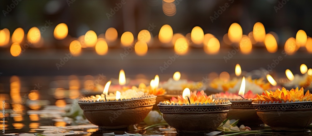 Poster row of lit candles on a tabletop with water, showcasing a krathong made from bread at the beautiful 