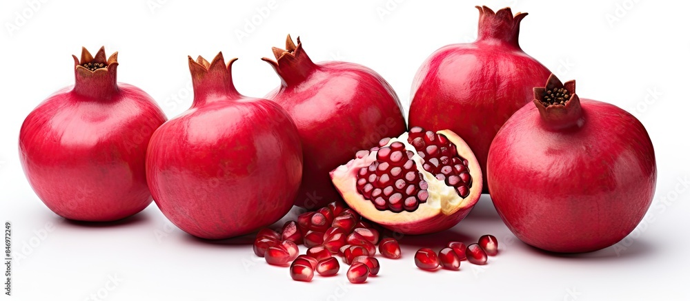 Leinwandbilder fresh and ripe pomegranates gathered together on a clean white surface, showcasing their vibrant col