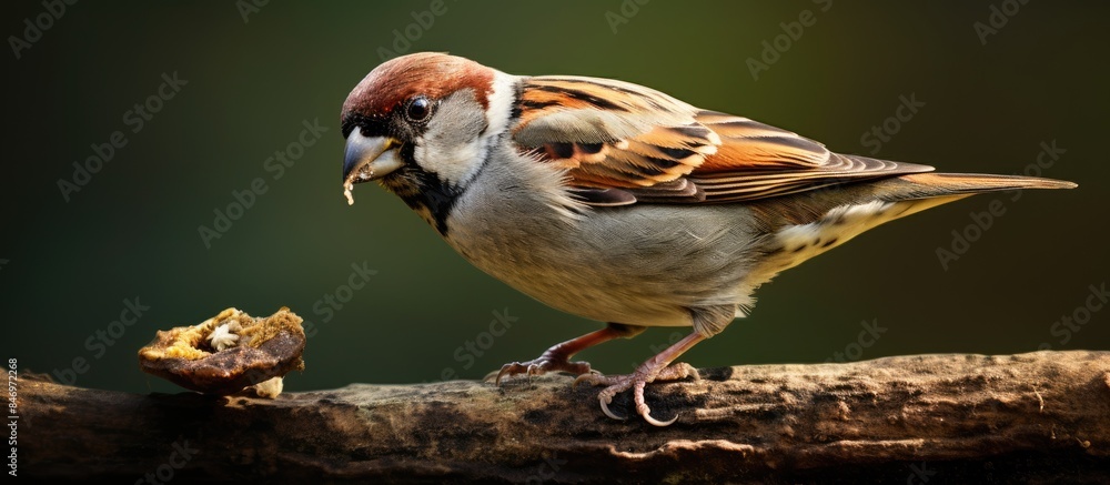 Aufkleber Male house sparrow captured in the act of consuming its prey while perched on a branch. with copy space image. Place for adding text or design
