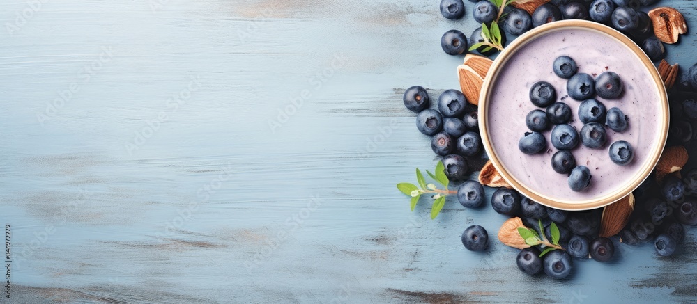 Leinwandbilder Bowl filled with a mix of fresh blueberries and crunchy almonds on a wooden table. with copy space image. Place for adding text or design