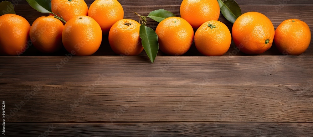 Poster ripe oranges arranged neatly on a rustic wooden table. with copy space image. place for adding text 