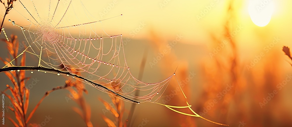 Leinwandbilder spiderweb on plant covered in water droplets, shining in the light of the setting sun. with copy spa