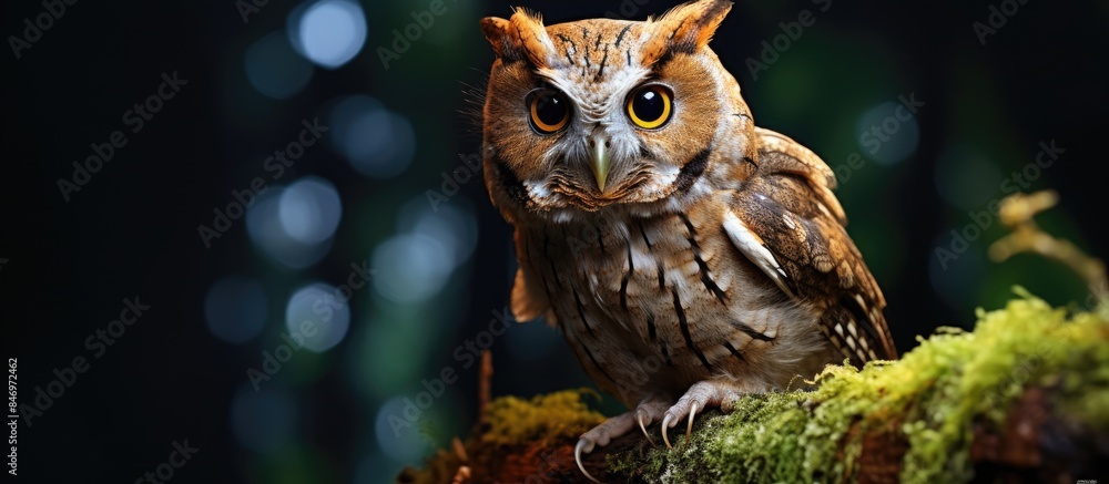 Poster Javan Scops Owl, Otus angelinae, perched on a moss-covered branch, a small owl species found on western Java's high volcanoes. with copy space image. Place for adding text or design