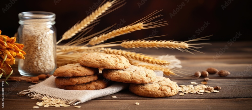Aufkleber close-up view of a group of cookies arranged on a table with wheat grains scattered around them. wit