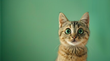 Funny pet Cute surprised cat with big eyes on green background : Generative AI