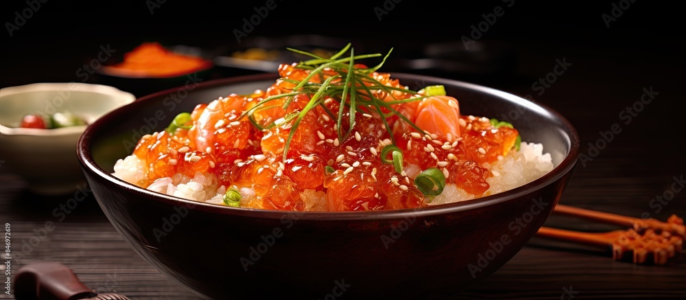 Poster bowl filled with a mix of rice and colorful vegetables resting on a wooden table. with copy space im