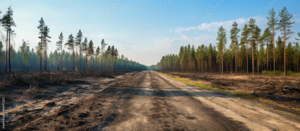 Leinwandbilder a scenic view of a rustic road winding through a dense forest filled with numerous tall trees. with 